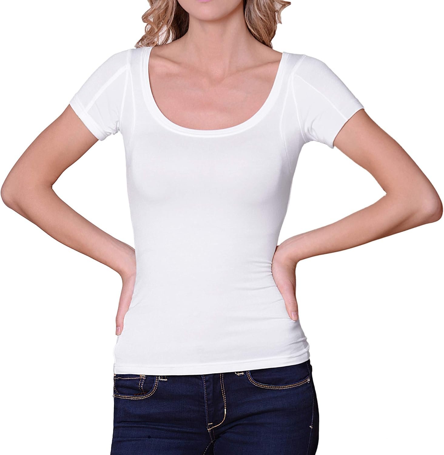 Sweatproof Undershirt for Women, Scoop Neck, White, Armpit Sweat Pads, Stops Underarm Sweat, Sweat Proof Undergarment